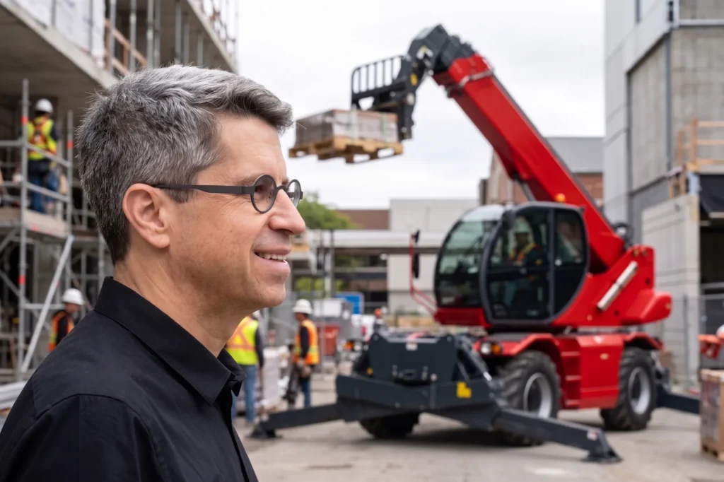 Dominik Dejon, unabhängiger Staplerberater, auf einer Baustelle vor einer Rotor-Teleskopmaschine im Einsatz